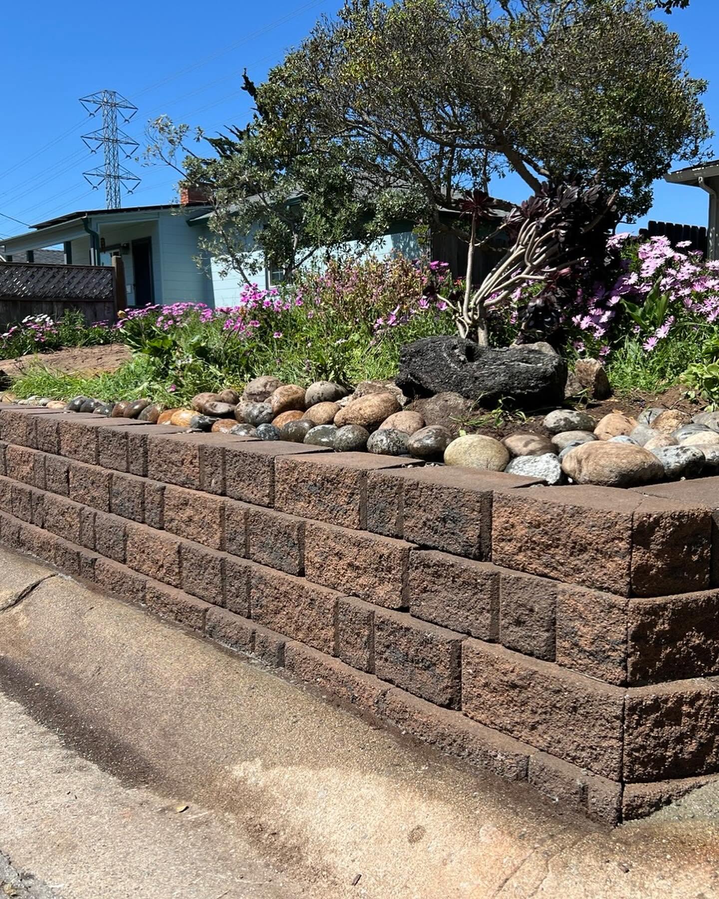 Retaining wall with river rock and plantings built by Team Cypress Landscaping